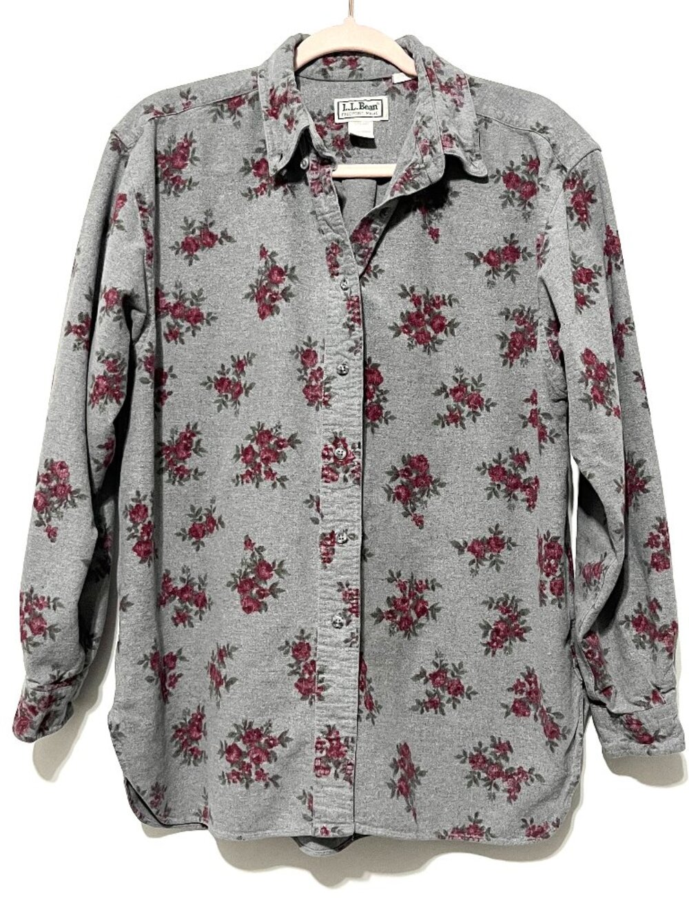 LL Bean Womens Vintage Floral Chamois Floral Button Up Shirt M Gray 100% Cotton